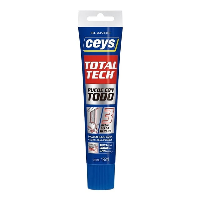 adhesivo sellador ceys blanco 507232 puede con todo 125 ml, tubo frontal centrado; tubo plástico azul y blanco con logo Ceys, texto 'TOTAL TECH' en rojo y leyenda 'Puede con todo', pictograma 3 en 1 que muestra pegar, sellar y reparar, tapa roscada azul y volumen indicado 125 ml.