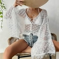 thumbnail image 3 of SWSMCLT Women's Long Sleeve Boho Shirt Crochet Knit Tropical Mexico Vacation Baggy Lace Up Cardigan Sweater Beach Crop Top Sheer Fringe Hawaii Beach Outfit White 12-14, 3 of 5
