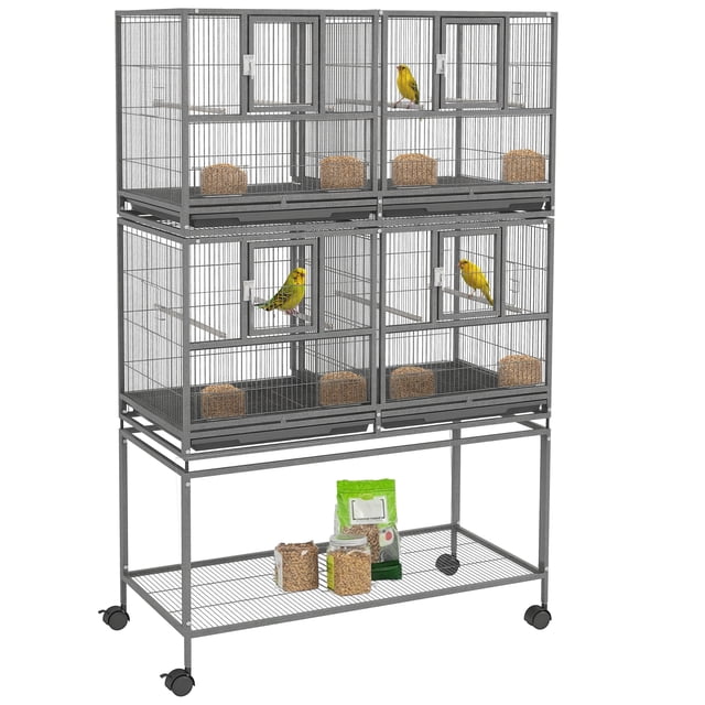 PawHut Cage à Oiseaux en Métal à Double Roulettes de 61 Pouces Grande Nichoir Gris