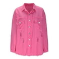 thumbnail image 3 of Fesfesfes Women's Distressed Denim Shirt Solid Color Long Sleeve Ribbed Cuffs Stand-Up Collar Tops with Buttons Outdoor Street Blouses(Hot Pink,L), 3 of 5