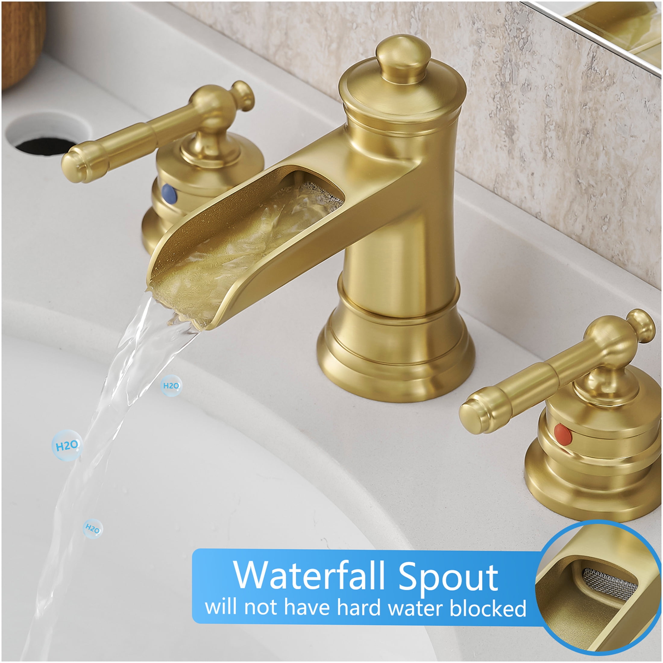 JERFIT 8-inch Widespread Bathroom Faucet with Pop-Up Drain, Brushed Gold 3-Hole Vanity Sink Faucet, Solid Brass Double Handle Mixer Tap