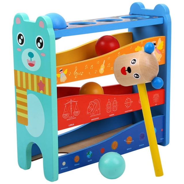 Punch And Roll Track Toy With Hammer Wooden Made Cartoon Design For Baby