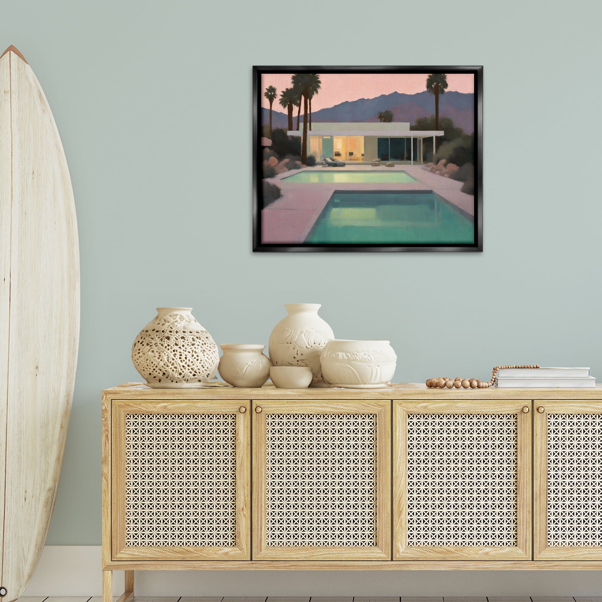Stupell Industries Tranquil Pool at Sunset Landscape & Nature Painting Black Floater Framed Canvas Art Print Wall Art, 31 x 25