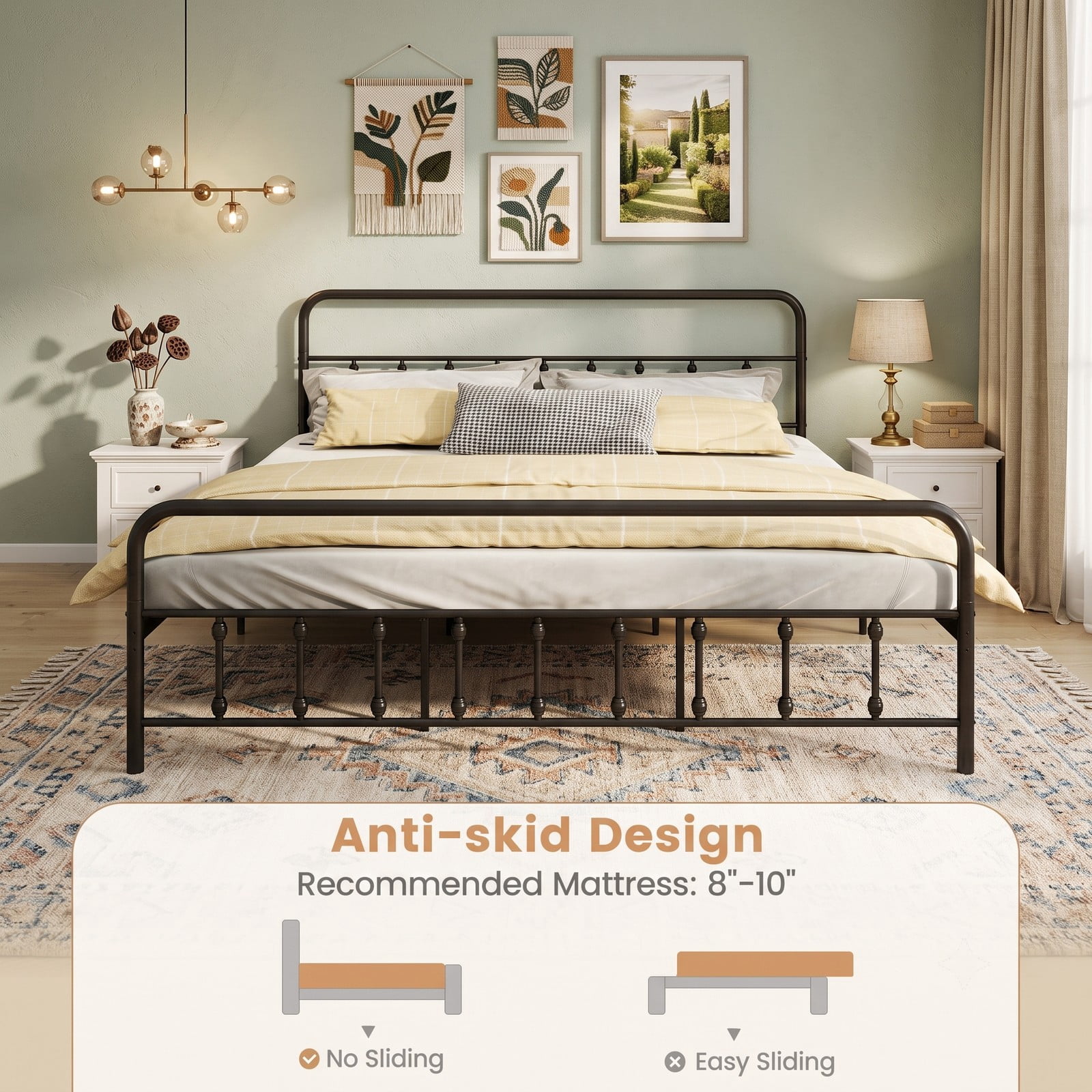 Furnibear King Size Bed Frame with Storage, Metal Platform Bed Frame with Vintage Spindle Headboard and Footboard, No Box Spring, Black