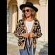 thumbnail image 4 of Cárdigan de Punto con Estampado de Leopardo y Lazo para Mujer, Larga, Cuello Redondo, Abertura Frontal, Informal, Holgado, para Exteriores. Caqui L, 4 of 10