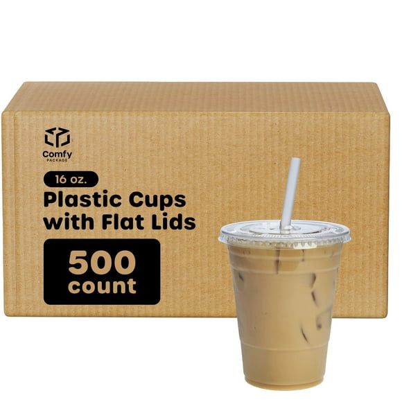 Comfy Package [Case of 500 16 oz. Clear Plastic Cups With Lids, Disposable Coffee Cups with Flat Lids - Ideal for Cold Beverages, Smoothies, and To-Go Drinks