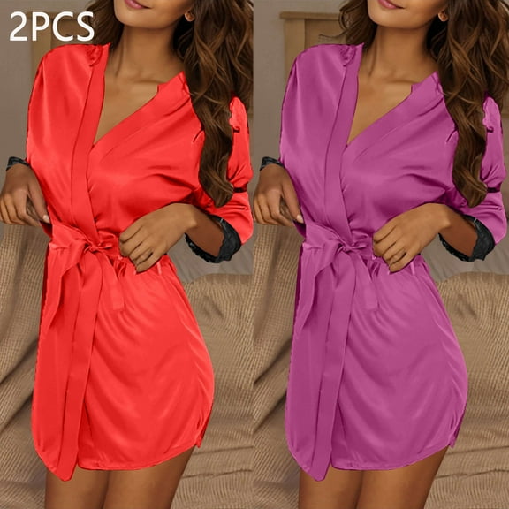 YOTAMI 2-Pack Women's Ice Silk Robe Sexy V-Neck Sleepwear Bathrobe with Belt Loungewear for Home Long Sleeve, Purple, One Size