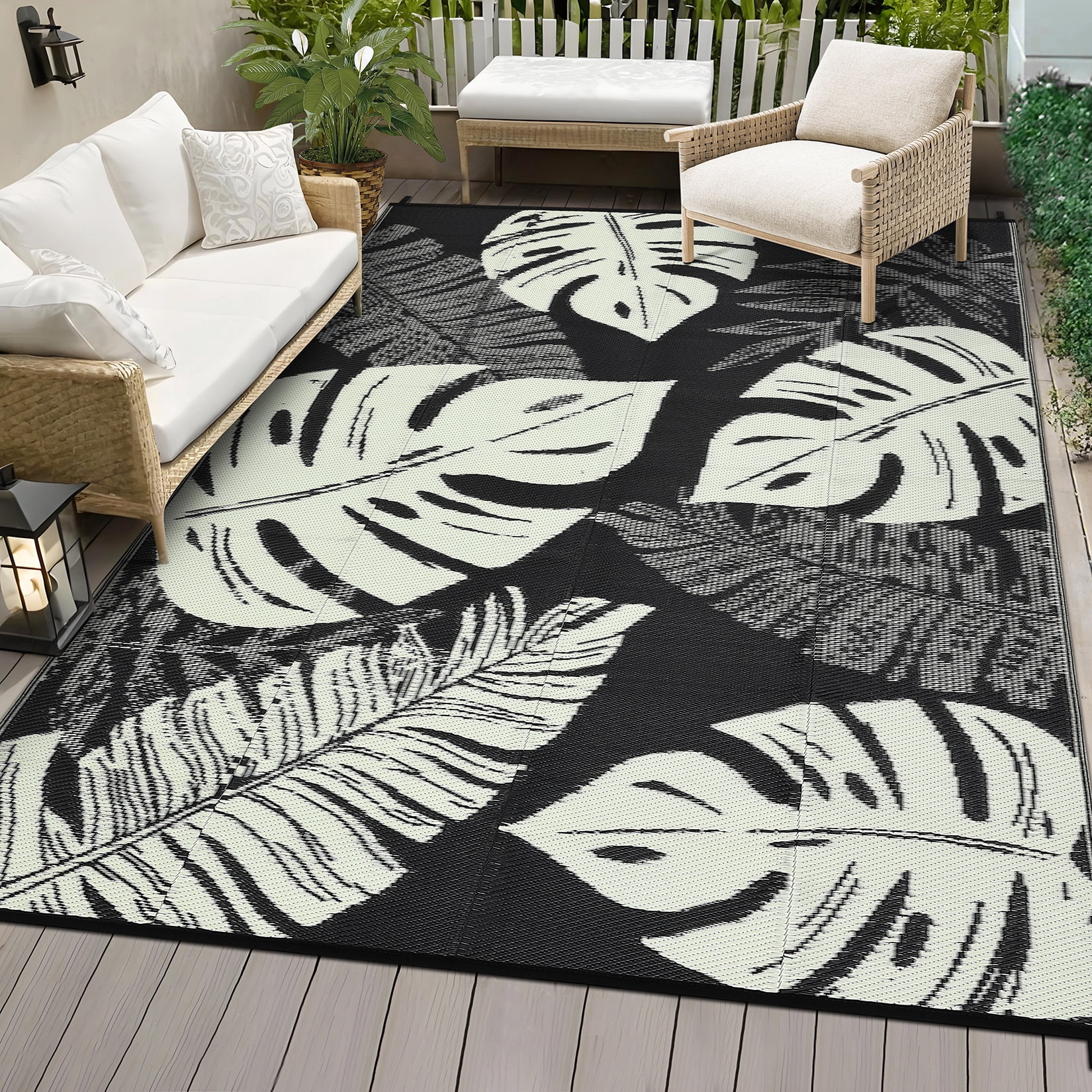 Haperlare 9'x12' Waterproof Outdoor Plastic Straw Rug, Modern Tropical Leaf Woven Carpet Reversible Patio Rug RV Camping Mat, Portable Outside Carpet for Deck Porch Yard Garden Balcony, Black Beige