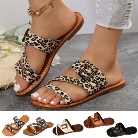 

Cethrio Womens Summer Flats Sandals- on Clearance Wide Width Flat Slides Sandal Round Toe Buckle White Dressy Sandals/ Slides Size 7.5
