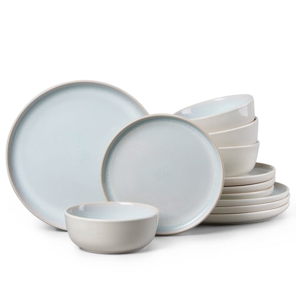 Vesteel Dinnerware Sets for 4, 12Pcs Double Reactive Glaze Plates and Bowls Set, Farmhouse Handmade Stoneware Sets for Home Restaurant, Microwave & Dishwasher Safe, Speckled White
