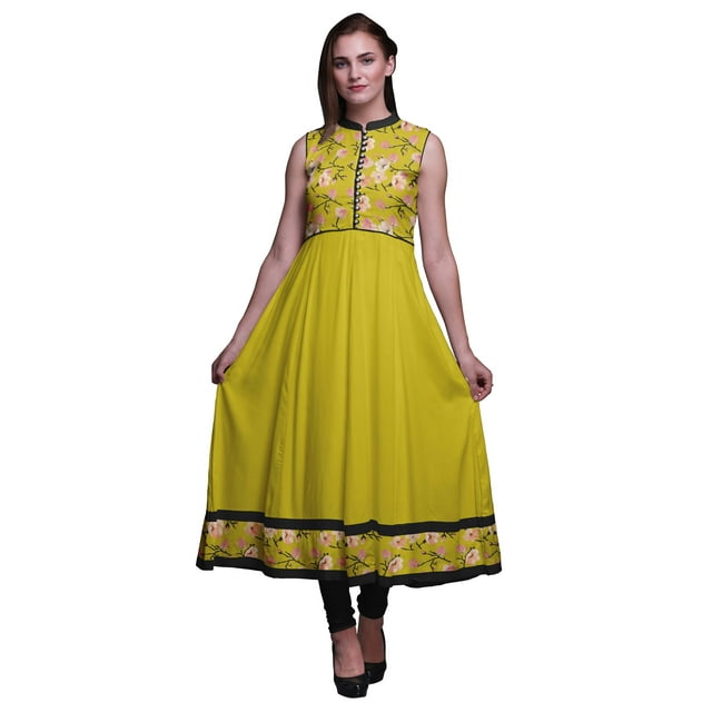 Bimba Robe Anarkali Aquarelle Jaune pour Femmes Kurti Imprimé Ethnique Indien Longue Kurta Robe de Soirée X-Small