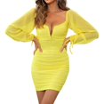 thumbnail image 4 of Robe Moulante à Manches Longues à Col en V Profond Style Hepburn pour Femme Courte Jaune P, 4 of 9