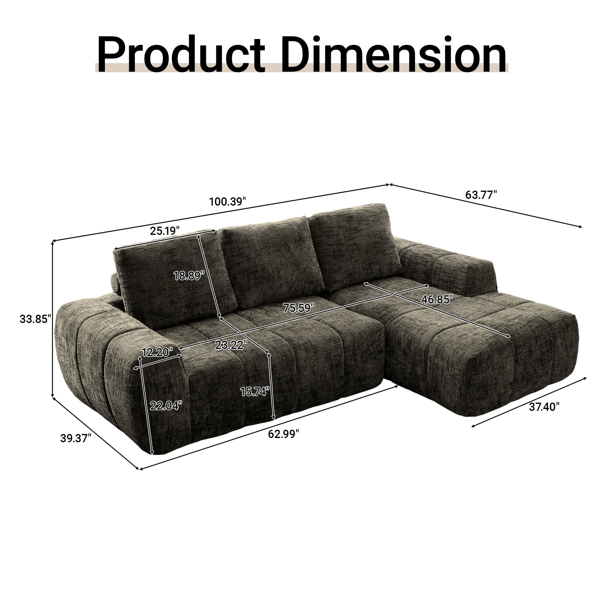 Gewnee Brown L-Shaped Sectional Sofa, High-Quality Chenille Fabric with High-Density Sponge, for Living Room