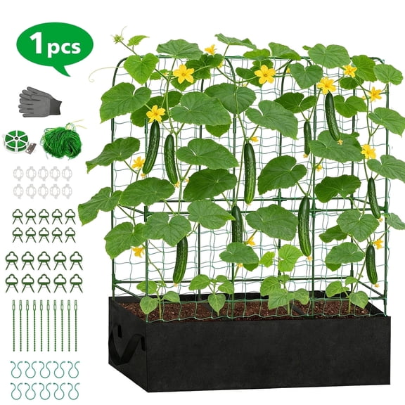 ROMUCH 67"x 45" Arch Cucumber Trellis with Grow Bags, Metal Garden Trellis for Climbing Plants Outdoor with Planter Box Tomato Cage Netting for Vegetables Flowers Fruits