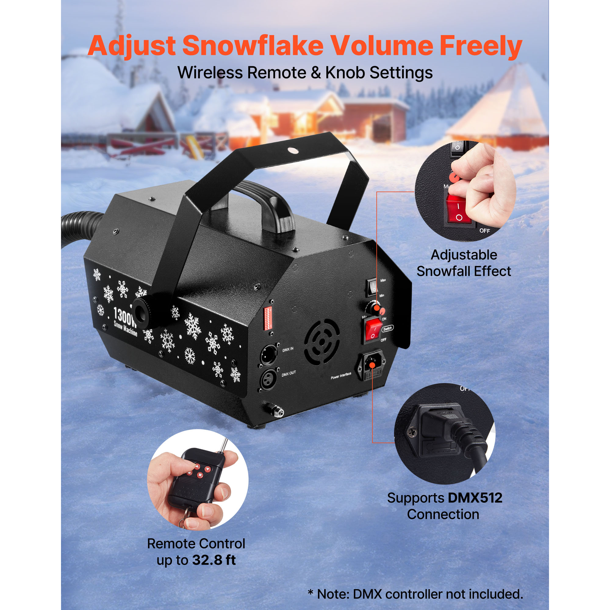 KFFKFF 1300W Quiet Snow Machine with Wireless Remote, Portable Snowflake Maker for Indoor and Outdoor Events, Ideal for Holiday Parties, Weddings, Stage Effects, and Decorative Displays