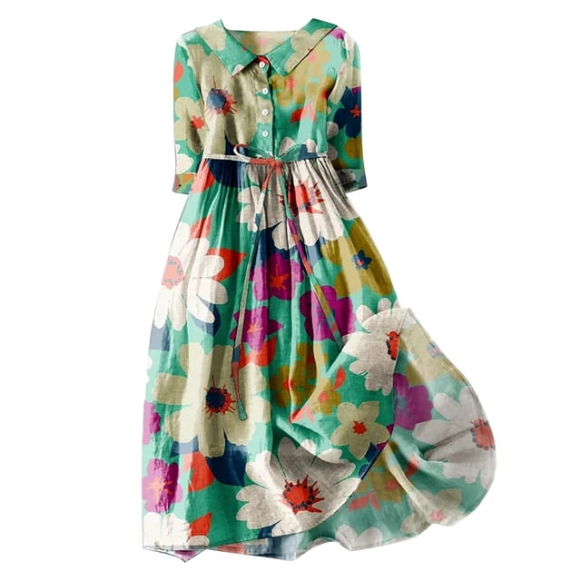 Pisexur Robes d'Été pour Femmes Mode Bohème à Imprimé Floral Robe Maxi Tunique Décontractée Taille Élastique Robe Soleil Col Rabattu Boutonnée Longue Robe Manches 3/4 Col en V Fluide Coton Lin Robe de Plage