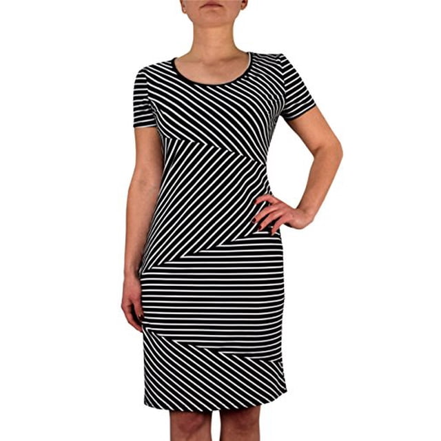 Peach Couture Robe Droite Mi-Longue de Cocktail Mode à Rayures Diagonales pour Femmes Blanc Noir Grand