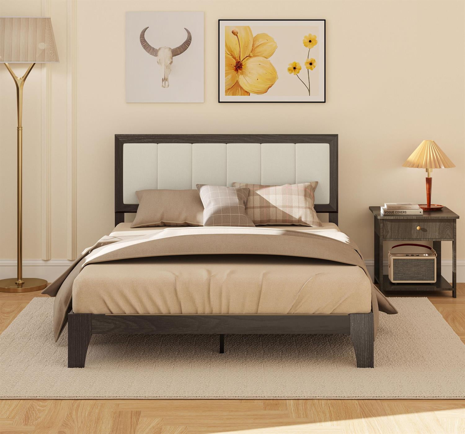 Demi Bonn Full Size Bed Frame with Headboard, Wood Slats & Modern Platform Style Without a Box Spring, Gray