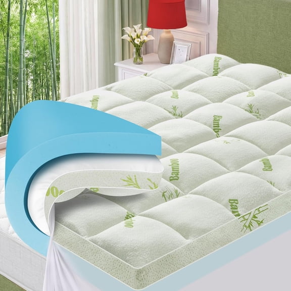 Queen Memory Foam Mattress Topper, 4 Inch Dual Layer Gel Foam Mattress Pad with Soft Pillow Top Cover, Viscose Made from Bamboo, Overfilled, Deep Pocket 8"-18"