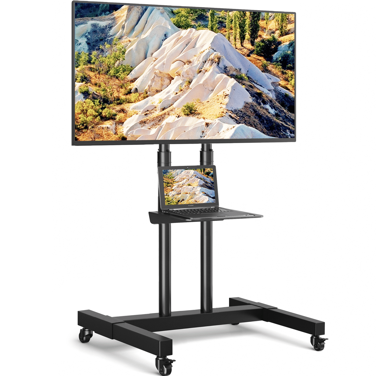 RTVR Rolling TV Cart Stand with Wheels for 32 to 85 inch Screens Mobile Portable TV Stand, Modern Black