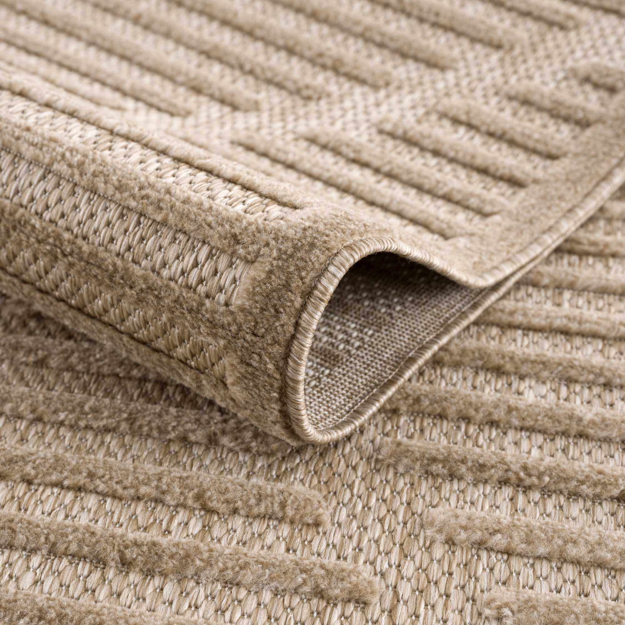 BoutiqueRugs Anah Geometric Indoor Outdoor Rug - Boho High Low Textured Area Rug - Performance Carpet for Patio, Living Room - High Traffic - Tan, Brown, Dark Beige - 6'7" x 9' (6x9)