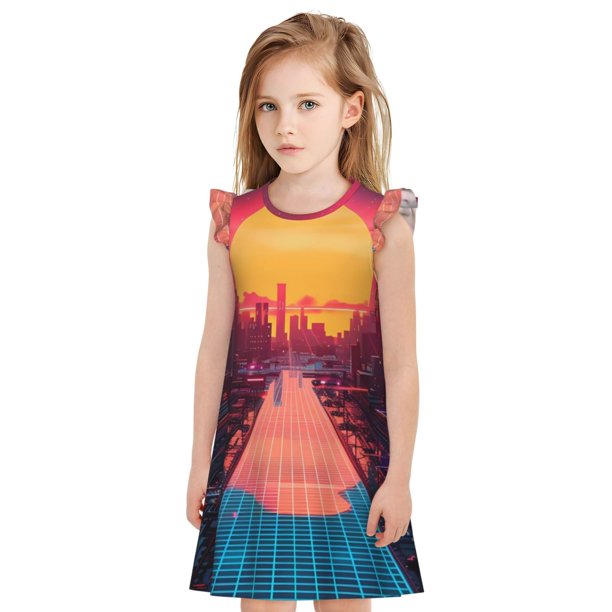 Fotbe Neon Sunset Cyberpunk Cityscape Vestido de Dormir para Niñas de 3 a 10 Años, Mangas Cortas, Estilo Princesa, Pijama Camisón con Mangas Voladas-Small