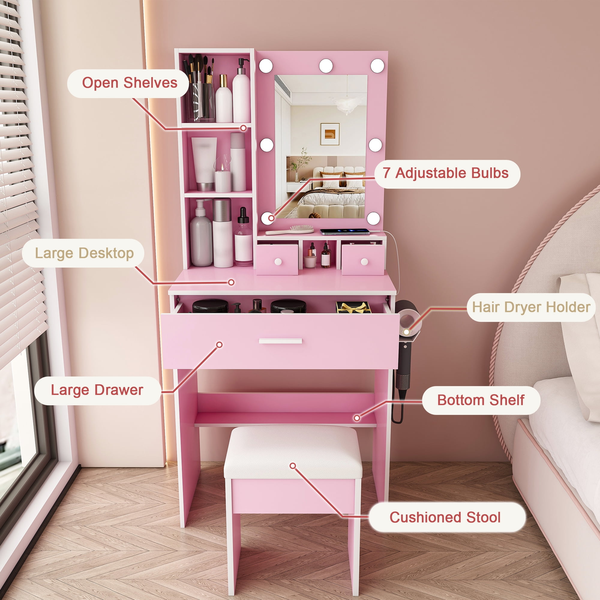 Compact Vanity Table Set with Adjustable LED Mirror, Power Outlet, Hairdryer Holder & Upholstered Stool, Makeup Dressing Desk for Small Bedroom
