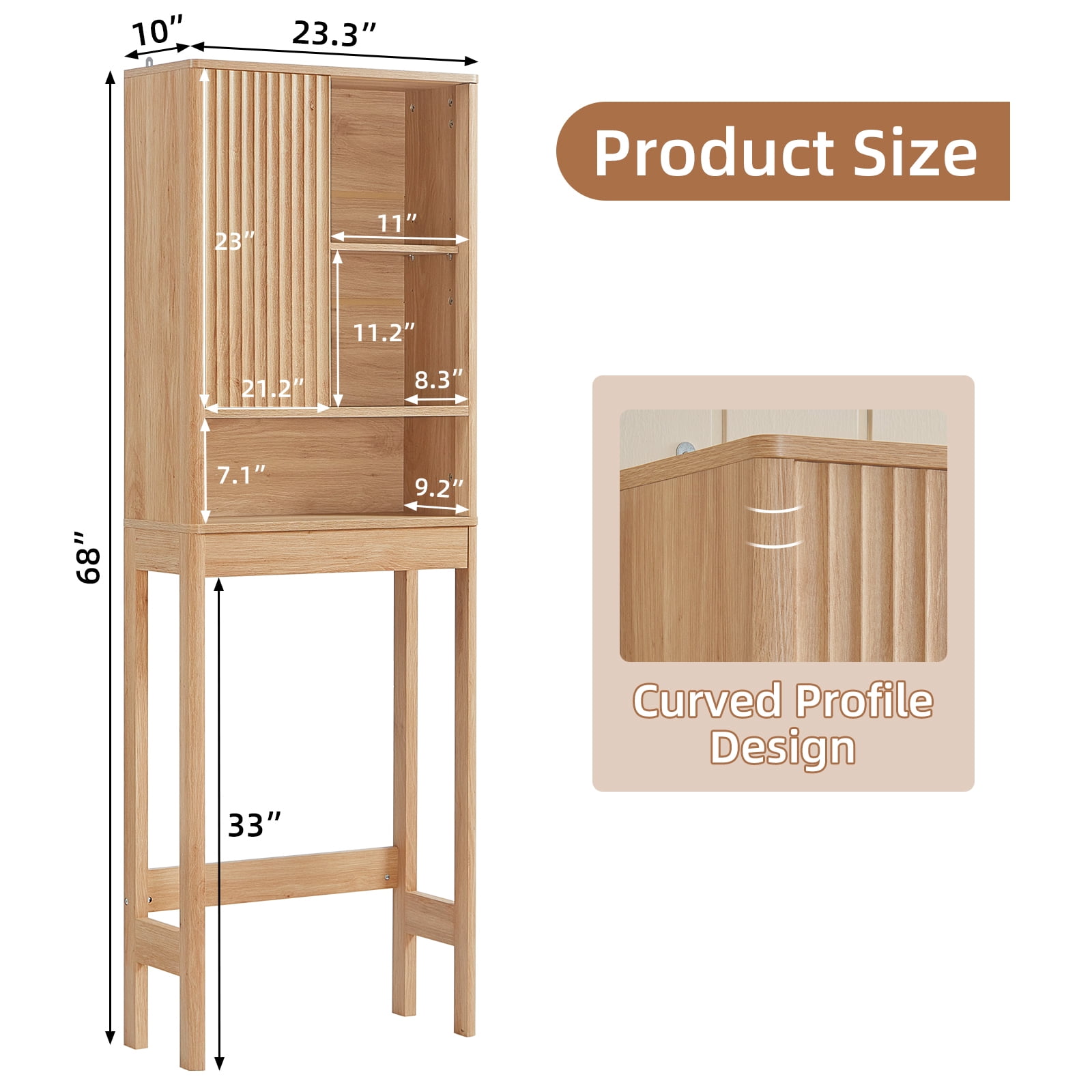 LELELINKY Over The Toilet Storage Cabinet with Rattan Sliding Door, 68" Tall Wood Bathroom Organizer with Adjustable Shelf for Small Spaces, Natural