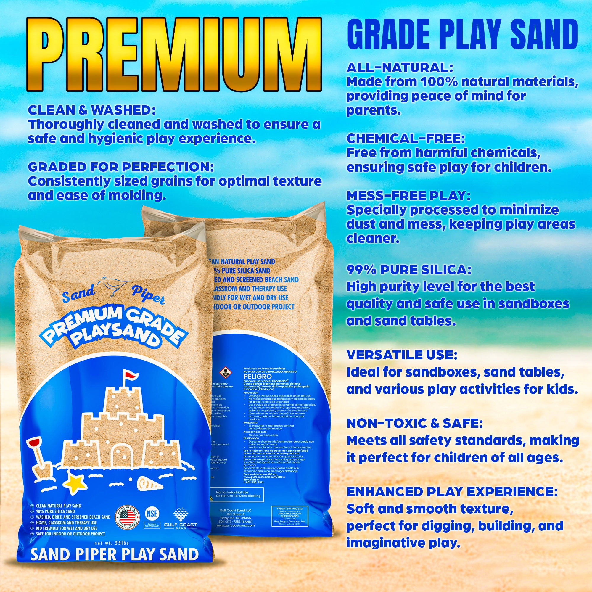 Sandpiper Multiuse Play Sand for Kids, Indoor Outdoor Silica Sand for Sandbox, 50 Lb Bag