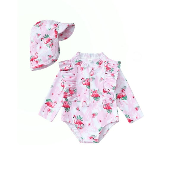 KIMI BEAR Newborn Baby Girls Spring Swimsuits 6-12 Months One-piece Bathing Suits Ruffle Long Sleeves Rash Guard Beach Wear Floral Swim Wear with Hat 2pcs Purple
