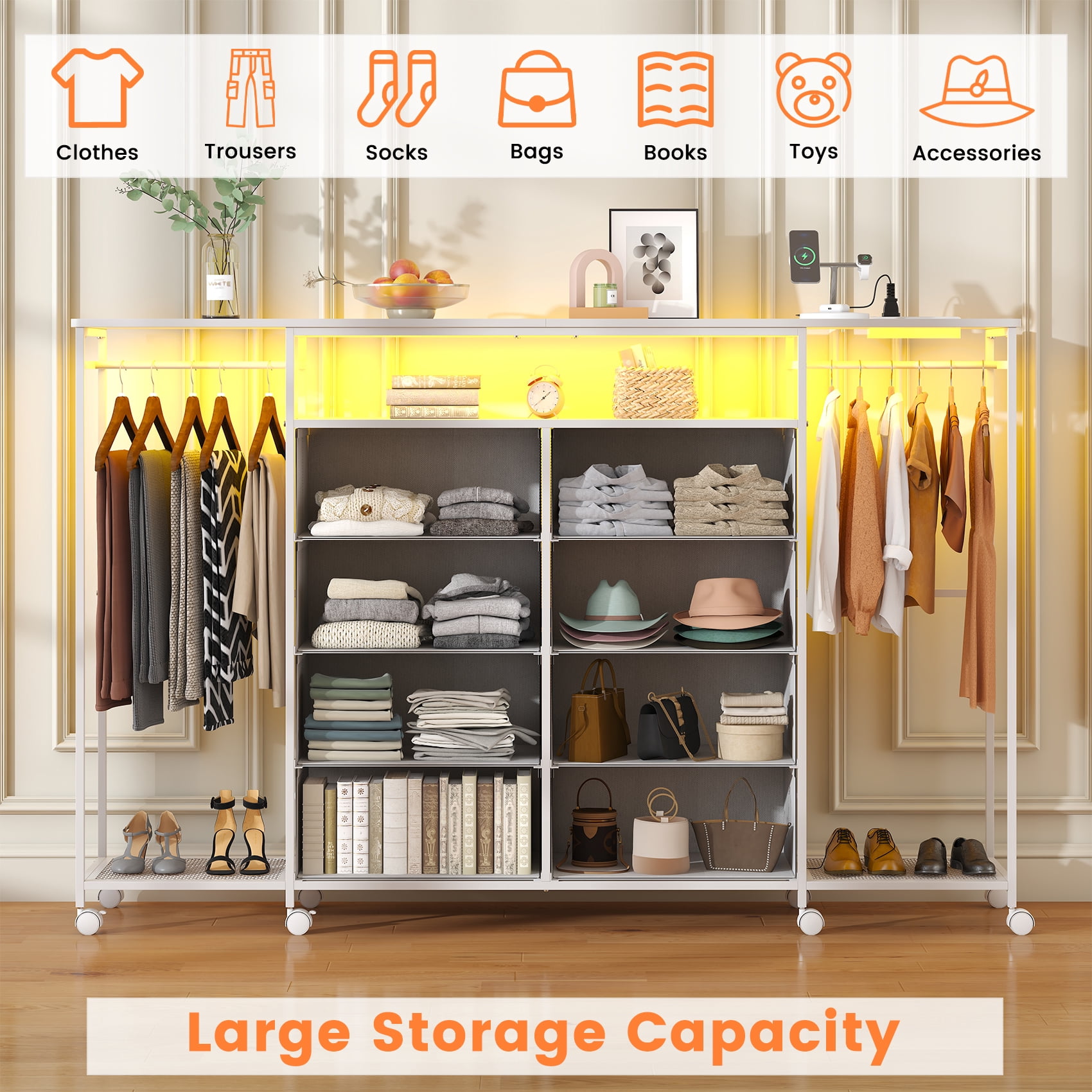 Frmobepts Dresser with Clothes Rack, 8 Drawers Dresser with Charging Station & LED Lights, White Storage Unit with Wheels for Bedroom, Closet