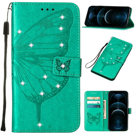 SaniMore Case for Samsung Galaxy A15 (2023), PU Leather Luxury Embossed Butterfly Glitter Diamond [Wrist Strap & Card Slots & Flip Kickstand] Full-body Shockproof Wallet Cover, Green