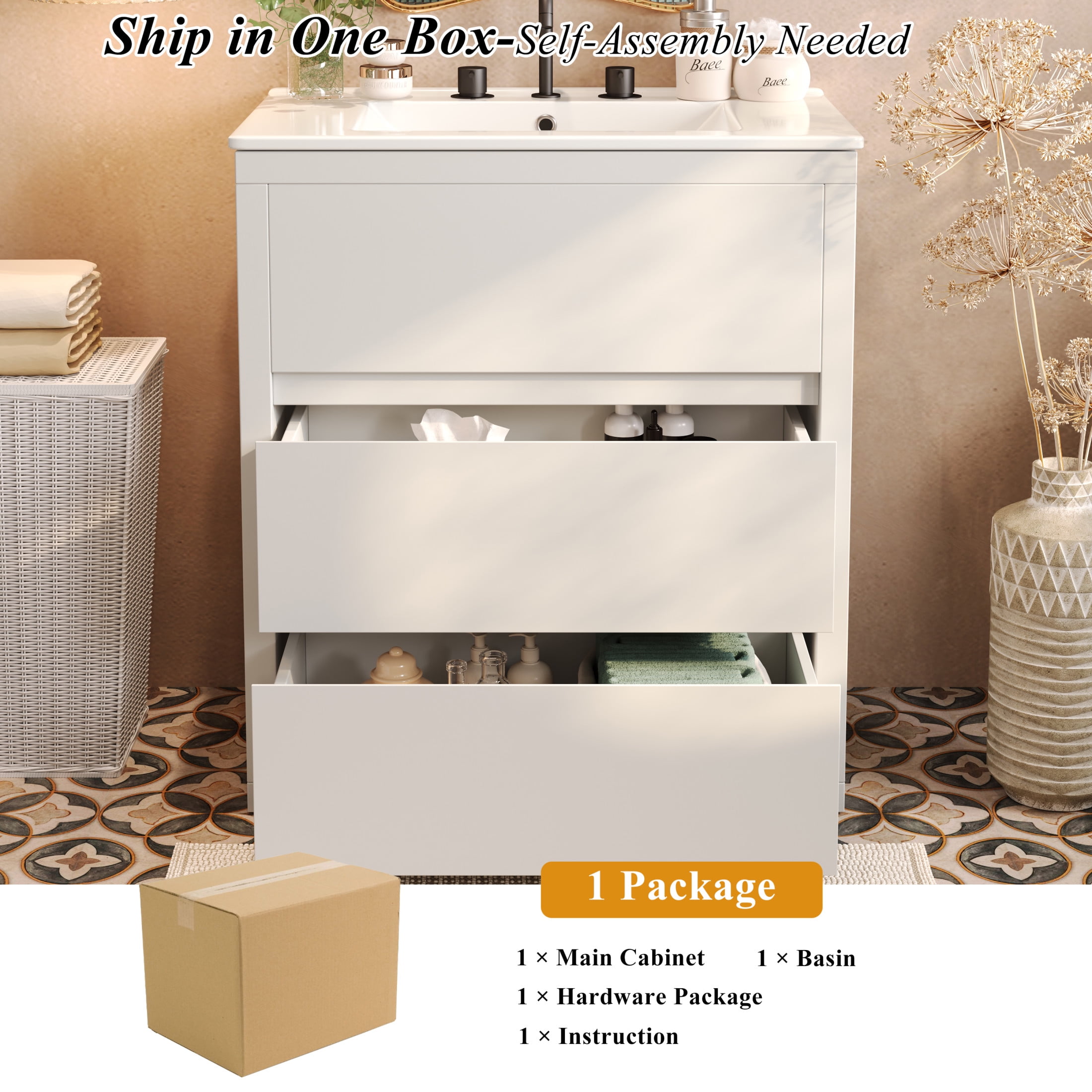 Christopher Knight Home 30" Bathroom Vanity with Sink, Soft-Close Drawers & Beveled Handleless Design, White