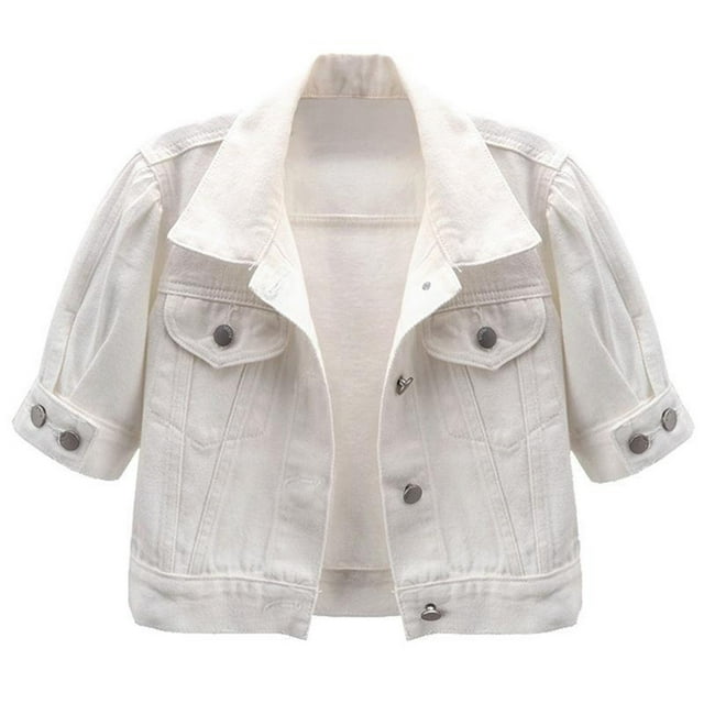 UPPADA Womens Button Demin Jackets Short Sleeve Open Front Outwear Jean Tunics Casual Dressy Crop Cardigans White,L