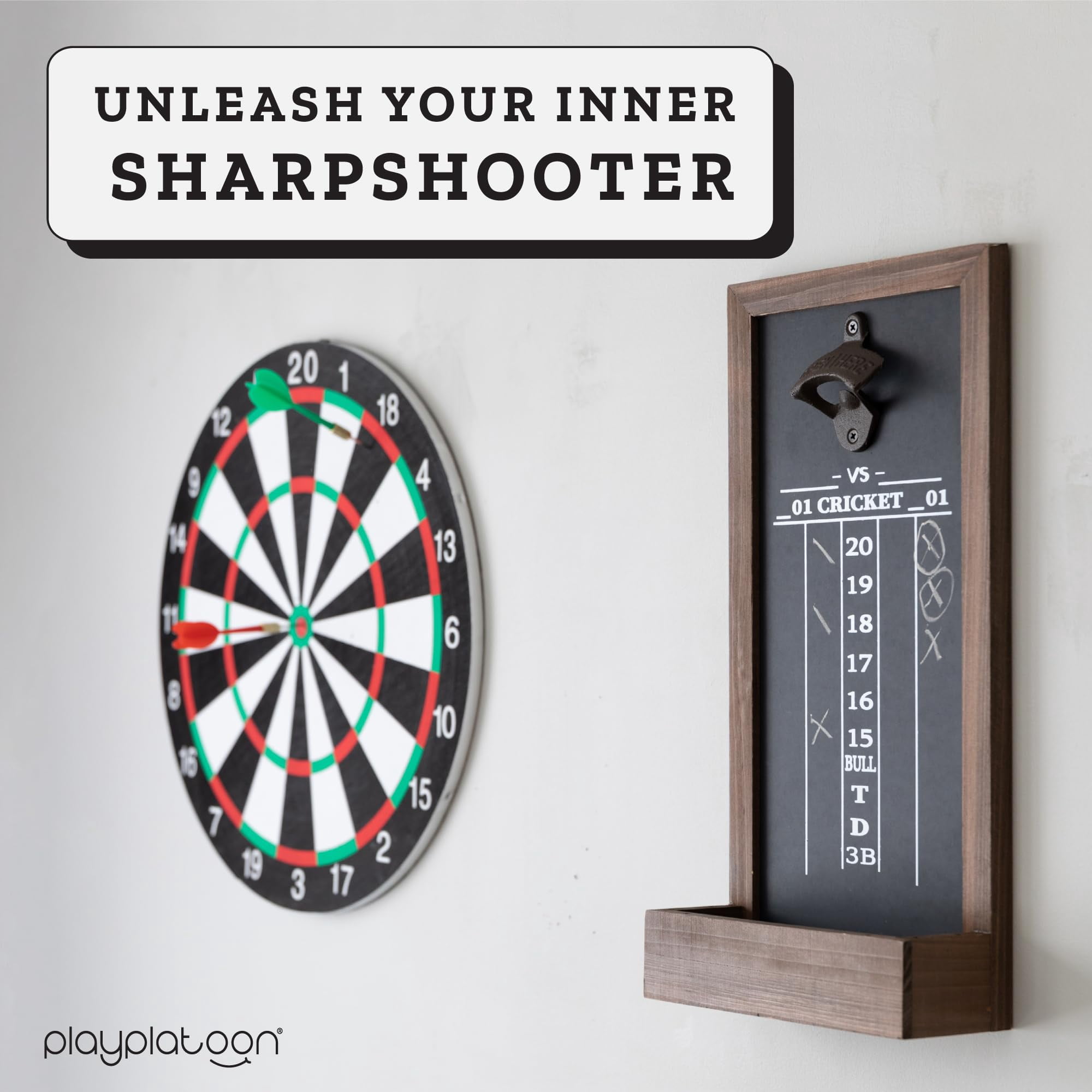 Platoon Dart Scoreboard & Holder Wall Mount with Bottle Opener - Wood Chalkboard Dart Board Game Room Accessories & Decor for Man Cave Dartboard Cabinet, Storage