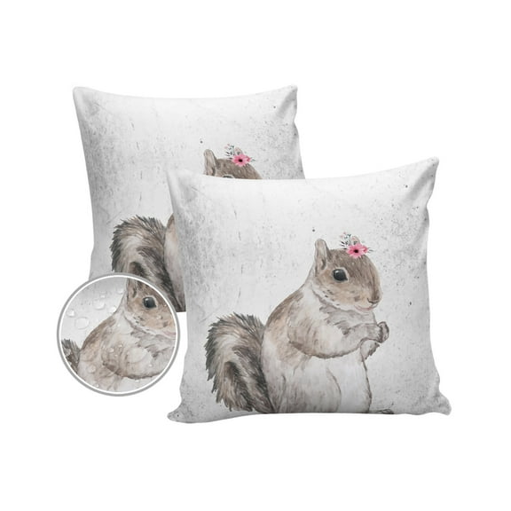Pack of 2 Outdoor Pillow Covers, Watercolor Cute Squirrel with Flower Wreat Waterproof Square Throw Pillowcase Cushion Decorative Pillow Covers for Couch Patio Tent, 24x24 in