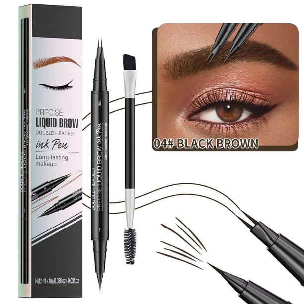 Lápiz de cejas resistente al agua 2 en 1 con aplicador de precisión de 4 puntas y gel transparente para cejas, trazos naturales similares al cabello, maquillaje de larga duración a prueba de manchas