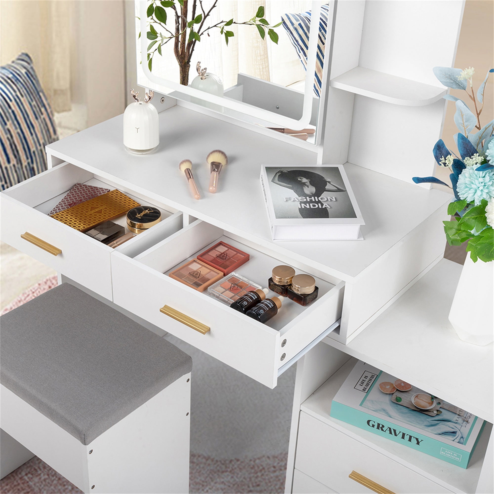 Kadyn Makeup Vanity with 4 Drawers and Mirror, Dressing Table Set Led Three-Tone Light, White