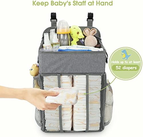 Changing Table Diaper Organizer -  Hanging Diaper Stacker Nursery Caddy Organizer for Cribs Playard Essentials Storage - Hold 52+ Diapers - 18.5" x 10.5" x 8" (Gray)