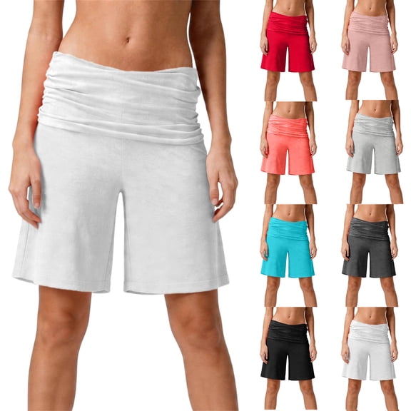Dwellite Womens Fold Over Shorts Flowy Low Rise Wide Leg Pants Yoga Capris Comfy Palazzo Lounge Bottoms White M