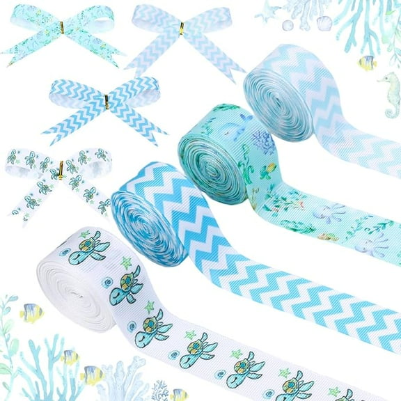 4 Rolls Under the Sea Themed Ribbons 20 Yards Turtle Craft Ribbons for Wreath Hair Bow Wrapping Gifts Packing Blue Grosgrain Ribbons Birthday Wedding Gender Reveal Party Accessory Decorations