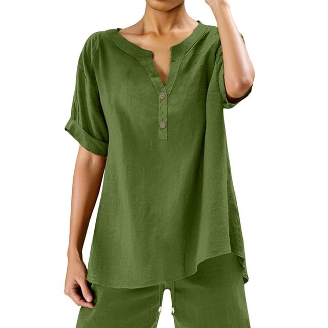 Womens Loose Buttons Down Blouse Tops Solid Casual Short Sleeve Shirt Blouse