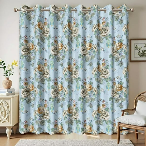Blue Blackout Thermal Insulated Curtains With Grommet, Peony Floral Blossom Plants Retro Art Window Drapes For Spring Home Bedroom Living Room Decor 26"W x 63"L (Pack of 2)