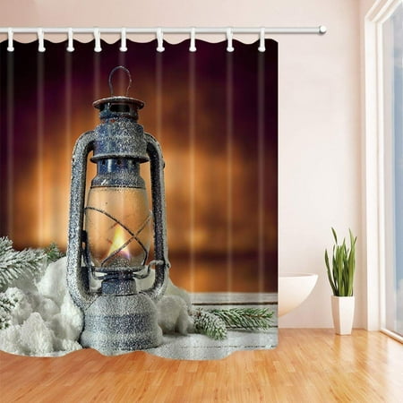 BPBOP Christmas Snow Covered Lantern and Pine Needles on Wood Board Burning Backdrop Polyester Fabric Bath Curtain, Bathroom Shower Curtain 66x72 inches