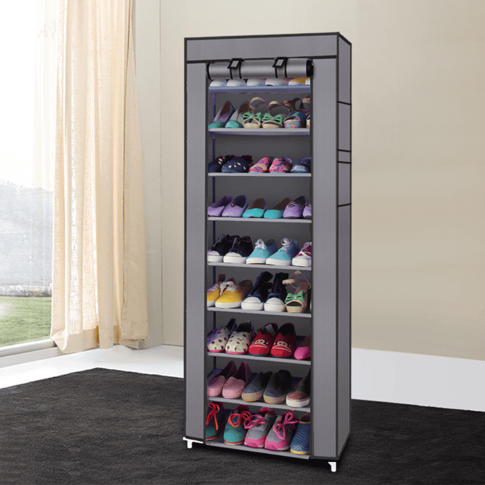 Hassch 63" Tall Shoe Rack with Cover, 10-Tier Stackable Shoe Shelf, Sturdy Storage Organizer with Side Pockets for Entryway Garage, Gray
