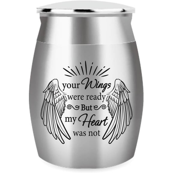 1Pc 1.57 Inch Mini Stainless Steel Cremation Urn Pet Memorial Small Urns for Cats and Dogs Ashes with Velvet Pouches and Text Design - Your Wings were Ready But My Heart was Not Stainless Steel Color