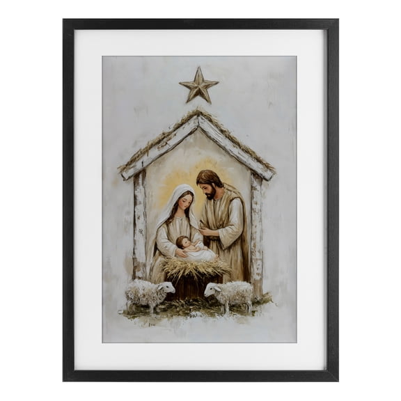 Little Lambs & Nativity Black Framed Print Under Glass, design by Petal Prints Design