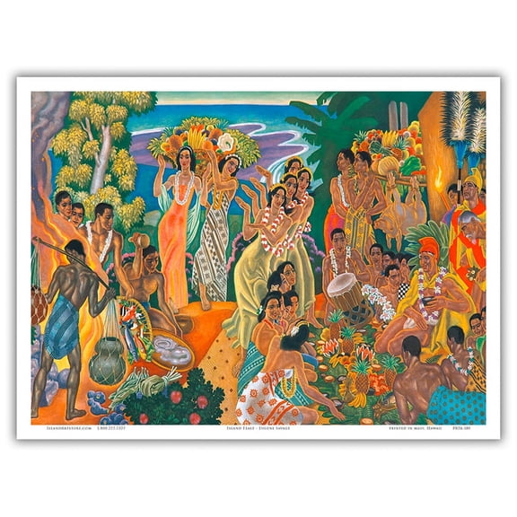 Hawaiian Island Feast (’Aha’aina) - Vintage Ocean Liner Menu Cover by Eugene Savage c.1940s - Master Art Print (Unframed) 9in x 12in