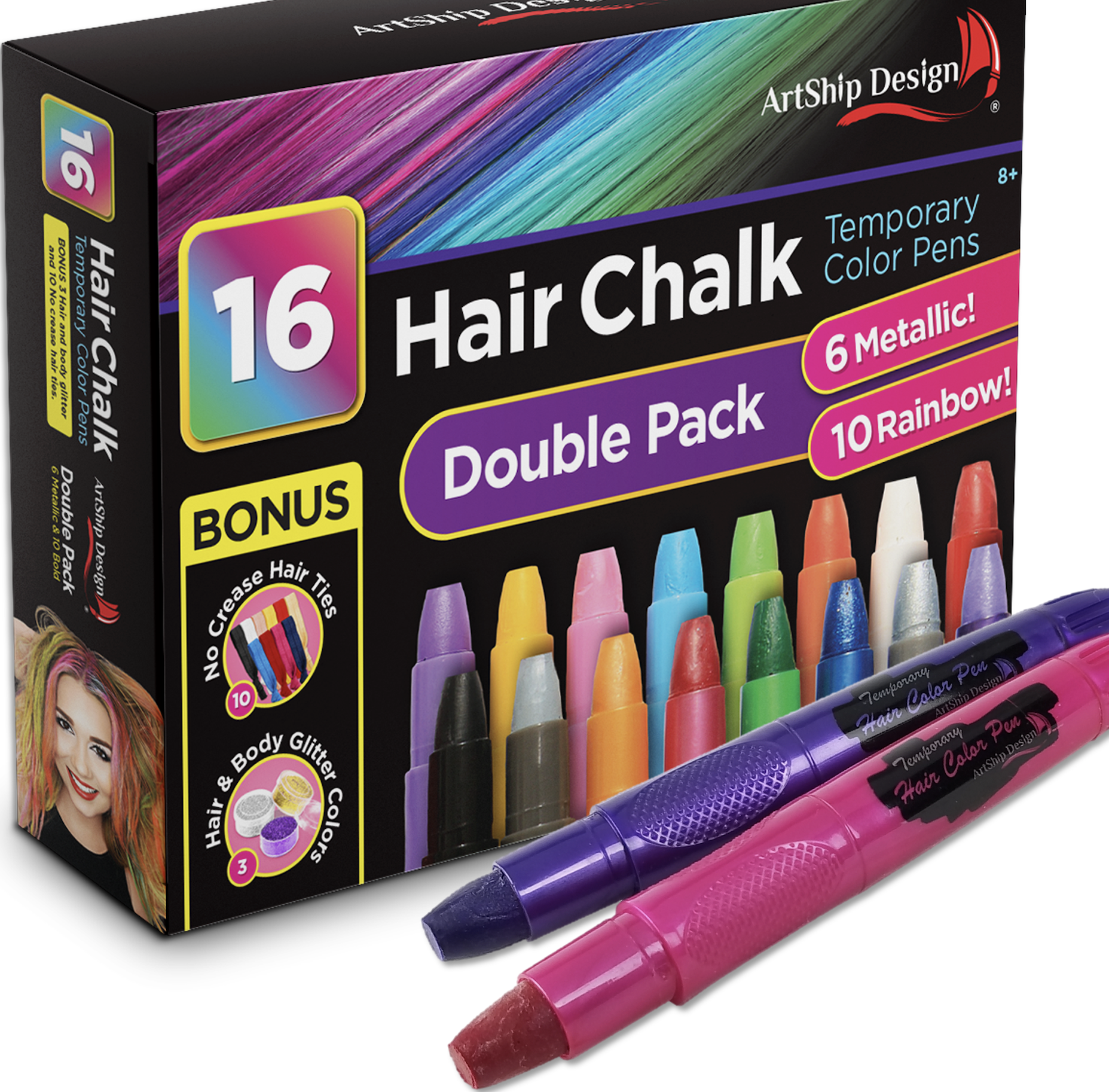 Download Hair Chalk 16 Colors Double Bonus Pack with Both Rainbow and Metallic Colors - Temporary Hair ...