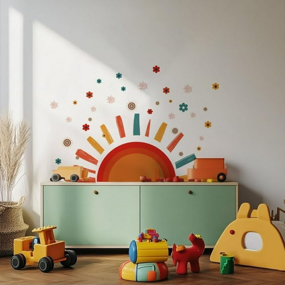 Boho Sun Wall Stickers Carton Flowers Wall Decals Nursery Wall Stickers Cute Sun Wall Art Stickers DIY Vinyl Art for Classroom s Room Playroom Bedroom Wall Decoration